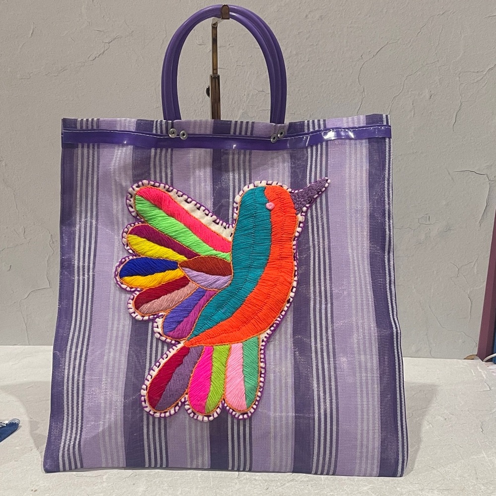 Purple Striped Tote with Embroidered Bird Design